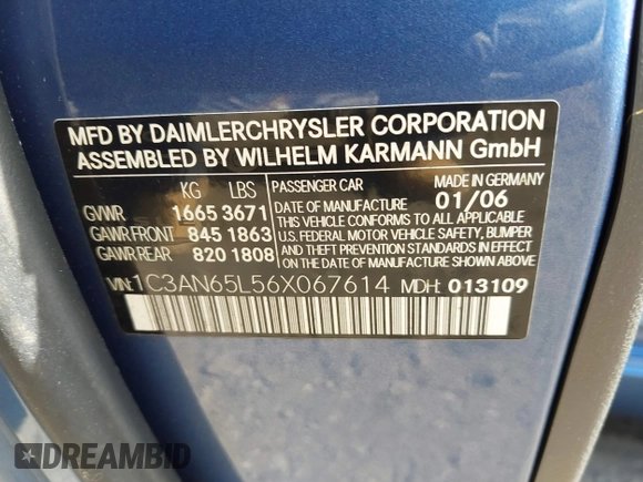 2006 Chrysler Crossfire Limited with VIN 1C3AN65L56X067614, listed as a IAAI auction lot 41788867 with Not Provided miles and . Bid and sale history available at DreamBid. Image 9.