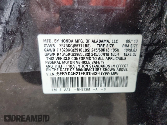 2014 Acura MDX with VIN 5FRYD4H21EB015439, listed as a Copart auction lot 62651585 with 129,877 mi miles and Clean title. Bid and sale history available at DreamBid. Image 13.