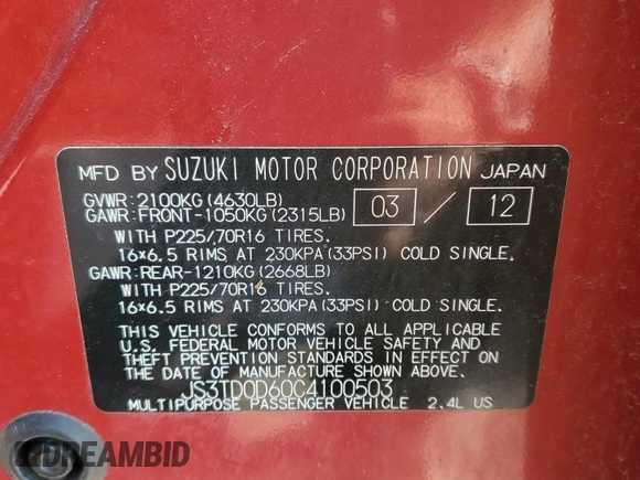 2012 Suzuki Grand Vitara Premium z VIN JS3TD0D60C4100503, wystawiony jako Copart lot #59050575 z przebiegiem 158 052 mil mil oraz Tytuł czysty. Historia ofert i sprzedaży dostępna na DreamBid. Obrazek 13.