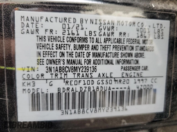 2021 Nissan Sentra SV with VIN 3N1AB8CV8MY239136, listed as a Copart auction lot 84278844 with 36,440 mi miles and Salvage Title. Bid and sale history available at DreamBid. Image 12.