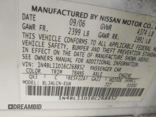2006 Nissan Altima SL with VIN 1N4BL11D16C268852, listed as a IAAI auction lot 41270971 with 245,513 mi miles and . Bid and sale history available at DreamBid. Image 9.