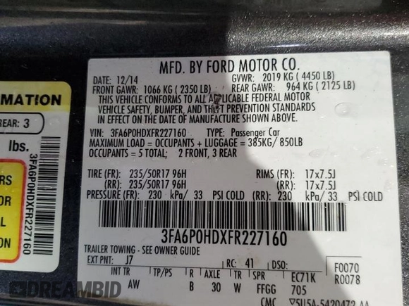 2015 Ford Fusion SE with VIN 3FA6P0HDXFR227160, listed as a Copart auction lot 43173694 with Not Provided miles and Non Repairable. Bid and sale history available at carsss.com. Image 13.