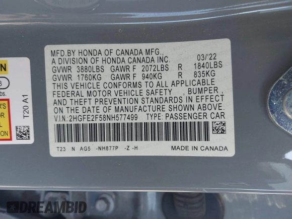2022 Honda Civic Sport with VIN 2HGFE2F58NH577499, listed as a IAAI auction lot 41448023 with 44,001 mi miles and . Bid and sale history available at carsss.com. Image 9.