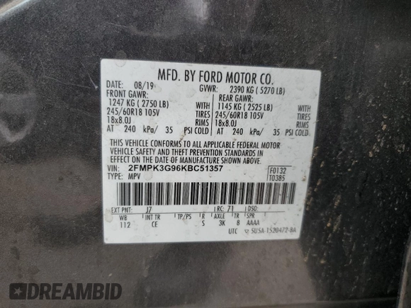 2019 Ford Edge SE with VIN 2FMPK3G96KBC51357, listed as a Copart auction lot 54580945 with 92,024 mi miles and Salvage title. Bid and sale history available at DreamBid. Image 14.