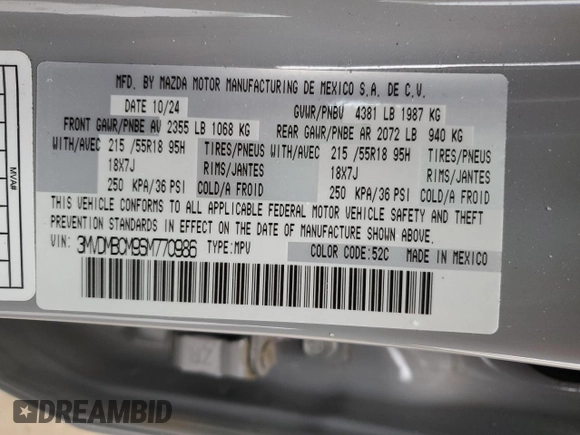2025 Mazda CX-30 S Preferred with VIN 3MVDMBCM9SM770986, listed as a Copart auction lot 50538595 with 5,798 mi miles and Non Repairable. Bid and sale history available at DreamBid. Image 12.