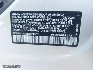 2020 Volkswagen Passat 2.0T SE with VIN 1VWWA7A35LC024903, listed as a IAAI auction lot 41707140 with 28,673 mi miles. Bid and sale history available at carsss.com. Image 9.