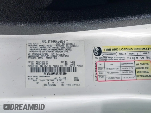 2013 Ford Mustang V6 with VIN 1ZVBP8AM5D5265880, listed as a IAAI auction lot 42617490 with 99,638 mi miles and . Bid and sale history available at DreamBid. Image 9.