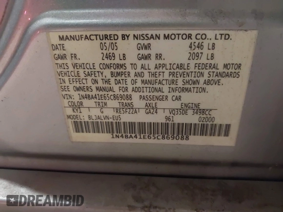 2005 Nissan Maxima SE z VIN 1N4BA41E65C869088, wystawiony jako IAAI lot #41517028 z przebiegiem Nie podano mil oraz . Historia ofert i sprzedaży dostępna na DreamBid. Obrazek 9.