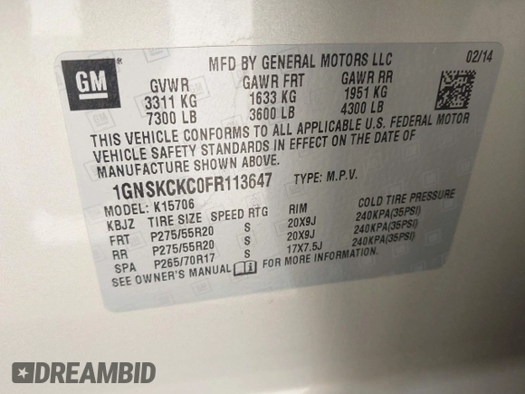 2015 Chevrolet Tahoe LTZ z VIN 1GNSKCKC0FR113647, wystawiony jako IAAI lot #42288089 z przebiegiem 113 322 mil mil oraz . Historia ofert i sprzedaży dostępna na DreamBid. Obrazek 9.
