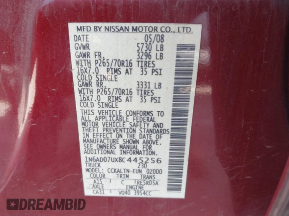 2008 Nissan Frontier SE z VIN 1N6AD07UX8C445256, wystawiony jako IAAI lot #42268253 z przebiegiem 174 692 mil mil oraz . Historia ofert i sprzedaży dostępna na DreamBid. Obrazek 9.