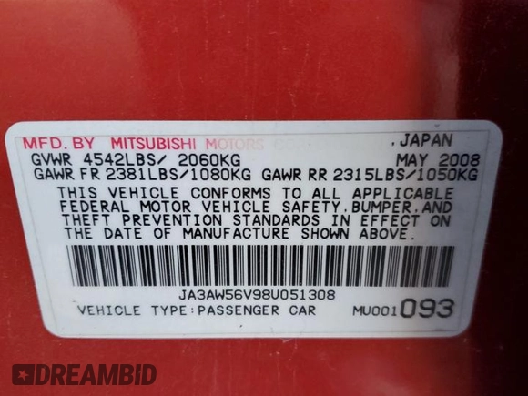 2008 Mitsubishi Lancer Evolution MR z VIN JA3AW56V98U051308, wystawiony jako Copart lot #50452355 z przebiegiem Nie podano mil oraz Szkoda całkowita • Salvage title. Historia ofert i sprzedaży dostępna na DreamBid. Obrazek 13.
