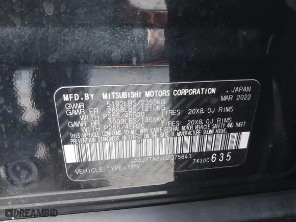 2022 Mitsubishi Outlander ES with VIN JA4J3TA8XNZ075643, listed as a IAAI auction lot 41085410 with 32,538 mi miles. Bid and sale history available at carsss.com. Image 9.
