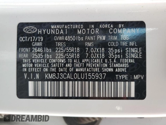 2020 Hyundai Tucson Sport with VIN KM8J3CAL0LU155937, listed as a Copart auction lot 56242685 with 78,107 mi miles and Salvage title. Bid and sale history available at DreamBid. Image 13.