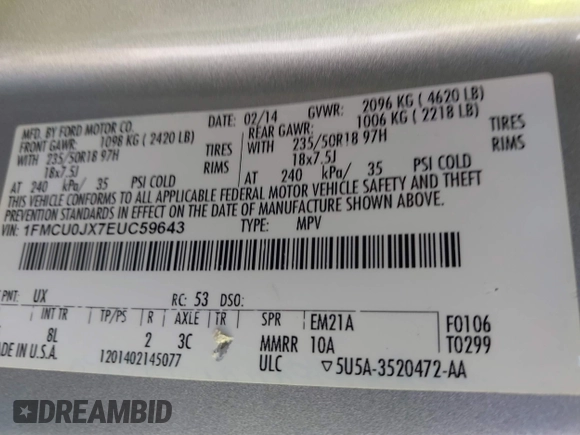2014 Ford Escape Titanium with VIN 1FMCU0JX7EUC59643, listed as a IAAI auction lot 41082952 with 143,899 mi miles. Bid and sale history available at carsss.com. Image 9.