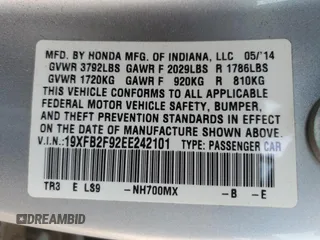 2014 Honda Civic Sedan EX-L with VIN 19XFB2F92EE242101, listed as a Copart auction lot 50170025 with 59,023 mi miles and Salvage Title. Bid and sale history available at carsss.com. Image 14.
