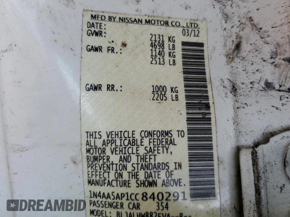 2012 Nissan Maxima SV with VIN 1N4AA5AP1CC840291, listed as a Copart auction lot 54147225 with 155,698 mi miles and Salvage title. Bid and sale history available at DreamBid. Image 13.