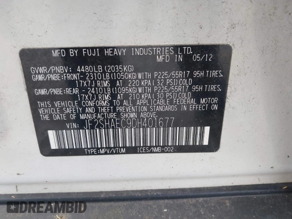 2013 Subaru Forester X Limited with VIN JF2SHAEC9DH401677, listed as a IAAI auction lot 42072338 with 288,909 mi miles and . Bid and sale history available at DreamBid. Image 9.