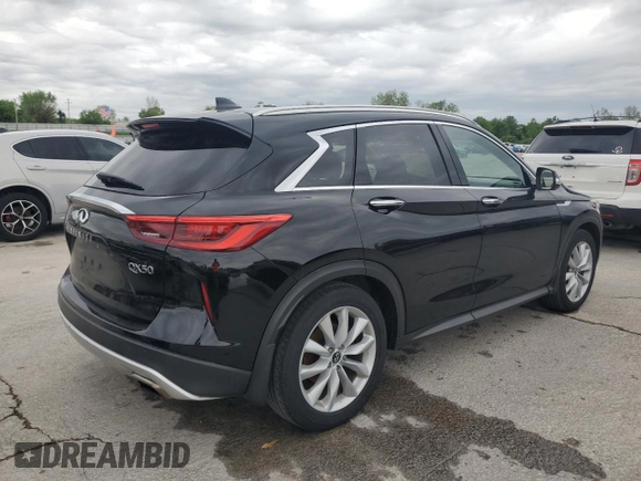 2019 Infiniti QX50 Essential with VIN 3PCAJ5M39KF104462, listed as a Copart auction lot 55044025 with 107,167 mi miles and Salvage title. Bid and sale history available at DreamBid. Image 3.