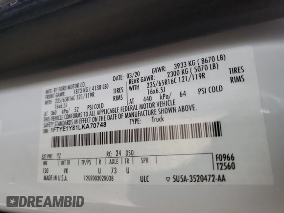2020 Ford Transit Cargo with VIN 1FTYE1Y81LKA70748, listed as a Copart auction lot 80916514 with 104,077 mi miles and Salvage Title. Bid and sale history available at DreamBid. Image 12.
