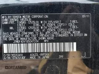 2011 Toyota RAV4 Limited with VIN JTMDF4DV1B5047234, listed as a IAAI auction lot 42348959 with 193,244 mi miles and . Bid and sale history available at DreamBid. Image 9.