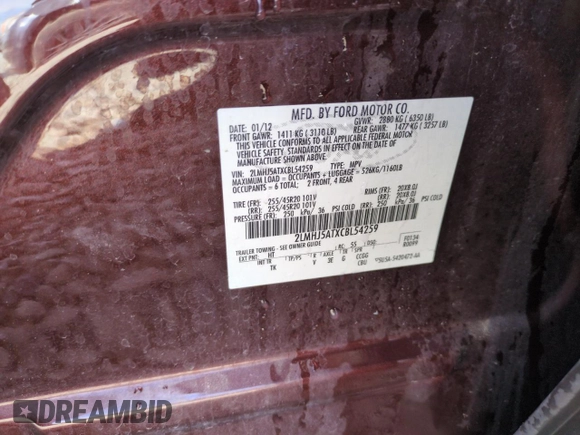 2012 Lincoln MKT EcoBoost with VIN 2LMHJ5ATXCBL54259, listed as a Copart auction lot 50577315 with 138,574 mi miles and Salvage Title. Bid and sale history available at DreamBid. Image 12.
