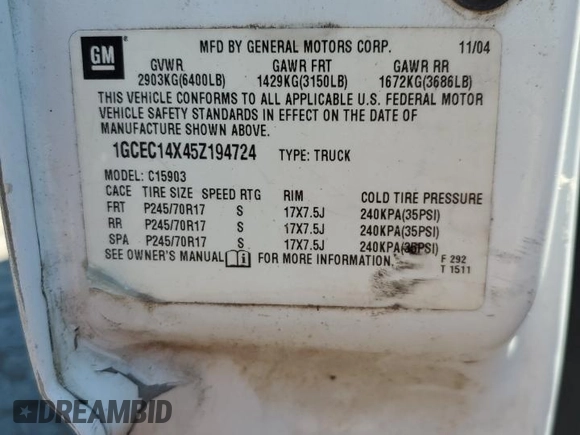 2003 Chevrolet Silverado 1500 Work Truck z VIN 1GCEC14X45Z194724, wystawiony jako Copart lot #64786374 z przebiegiem Nie podano mil oraz Szkoda całkowita • Salvage title. Historia ofert i sprzedaży dostępna na DreamBid. Obrazek 12.