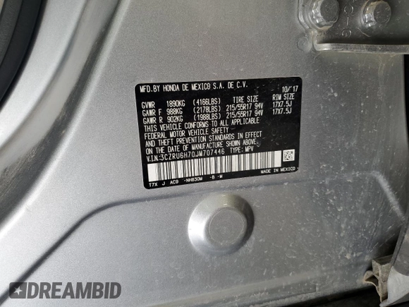 2018 Honda HR-V EX-L with VIN 3CZRU6H70JM707446, listed as a Copart auction lot 48248555 with 318,183 mi miles and Salvage Title. Bid and sale history available at DreamBid. Image 13.