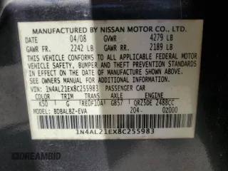 2008 Nissan Altima 2.5 S with VIN 1N4AL21EX8C255983, listed as a Copart auction lot 52327625 with 215,080 mi miles and Salvage Title. Bid and sale history available at carsss.com. Image 12.