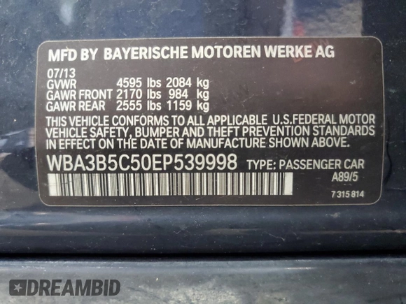 2014 BMW 3 Series 328i xDrive with VIN WBA3B5C50EP539998, listed as a Copart auction lot 57281255 with 146,476 mi miles and Salvage title. Bid and sale history available at DreamBid. Image 12.