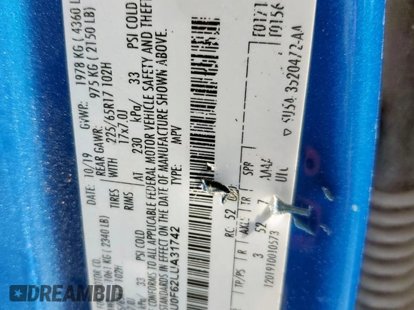 2020 Ford Escape S with VIN 1FMCU0F62LUA31742, listed as a Copart auction lot 58358045 with 28,478 mi miles and Salvage title. Bid and sale history available at DreamBid. Image 13.