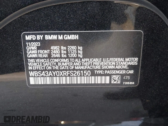 2024 BMW M3 Competition xDrive z VIN WBS43AY0XRFS26150, wystawiony jako IAAI lot #41396512 z przebiegiem 12 984 mil mil oraz . Historia ofert i sprzedaży dostępna na DreamBid. Obrazek 9.
