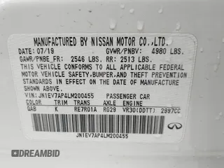 2020 Infiniti Q50 Luxe with VIN JN1EV7AP4LM200455, listed as a IAAI auction lot 41514036 with 76,441 mi miles and . Bid and sale history available at DreamBid. Image 9.