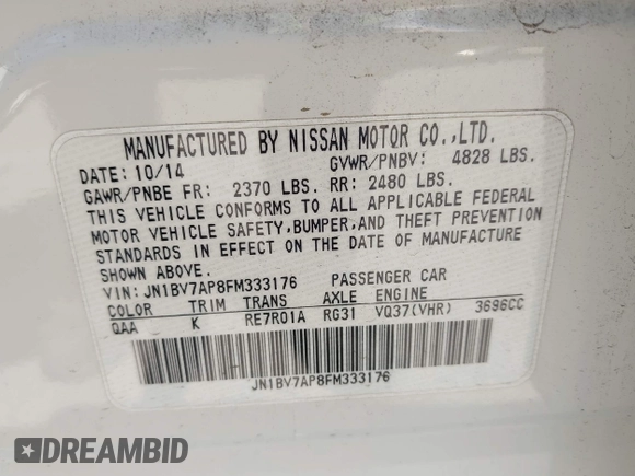 2015 Infiniti Q50 Premium with VIN JN1BV7AP8FM333176, listed as a IAAI auction lot 41990285 with 160,458 mi miles. Bid and sale history available at carsss.com. Image 9.