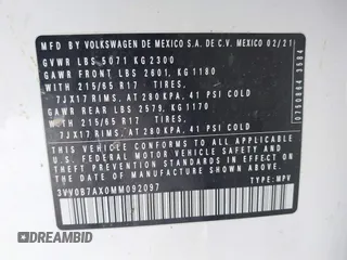 2021 Volkswagen Tiguan S with VIN 3VV0B7AX0MM092097, listed as a IAAI auction lot 41612128 with 49,525 mi miles and . Bid and sale history available at DreamBid. Image 9.