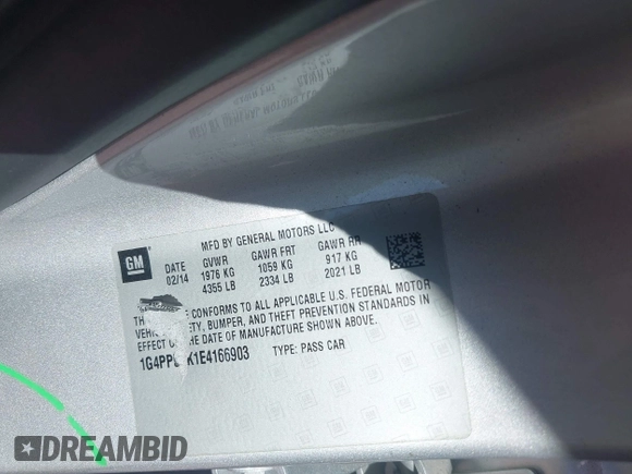 2014 Buick Verano with VIN 1G4PP5SK1E4166903, listed as a IAAI auction lot 41704787 with 95,573 mi miles and . Bid and sale history available at DreamBid. Image 9.