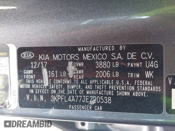 2018 Kia Forte LX with VIN 3KPFL4A77JE220538, listed as a IAAI auction lot 42095964 with 98,977 mi miles and . Bid and sale history available at DreamBid. Image 9.