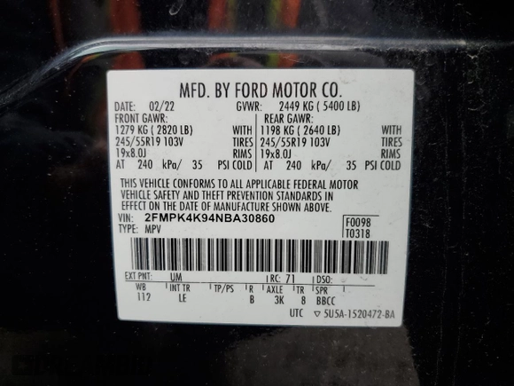 2022 Ford Edge Titanium with VIN 2FMPK4K94NBA30860, listed as a Copart auction lot 54001865 with 94,559 mi miles and Salvage title. Bid and sale history available at DreamBid. Image 13.