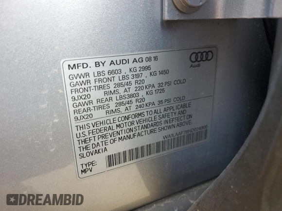 2017 Audi Q7 Premium Plus with VIN WA1LAAF78HD024906, listed as a Copart auction lot 50955025 with 124,894 mi miles and Salvage title. Bid and sale history available at DreamBid. Image 13.