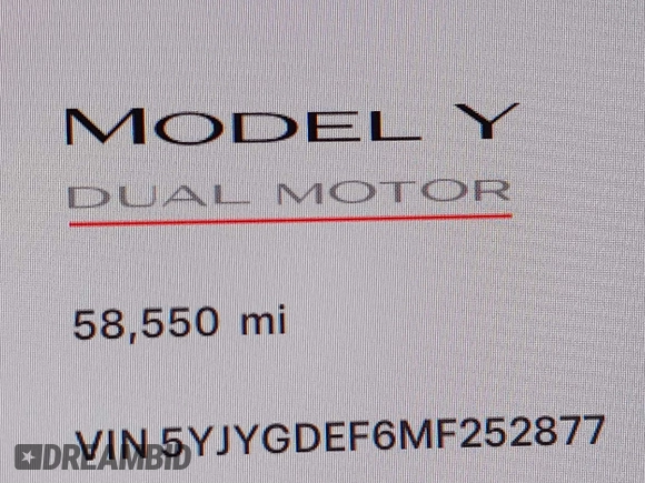 2021 Tesla Model Y Performance with VIN 5YJYGDEF6MF252877, listed as a IAAI auction lot 41770770 with 58,550 mi miles and . Bid and sale history available at DreamBid. Image 15.