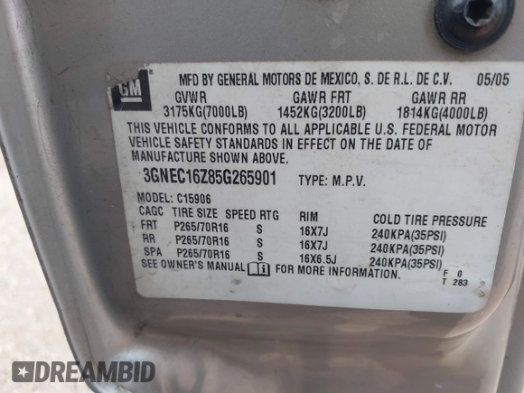 2005 Chevrolet Suburban LT z VIN 3GNEC16Z85G265901, wystawiony jako IAAI lot #41949191 z przebiegiem 304 550 mil mil oraz . Historia ofert i sprzedaży dostępna na DreamBid. Obrazek 9.