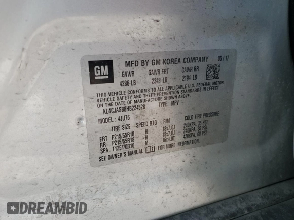 2017 Buick Encore Preferred with VIN KL4CJASB8HB224528, listed as a Copart auction lot 55347745 with 128,464 mi miles and Salvage title. Bid and sale history available at DreamBid. Image 13.