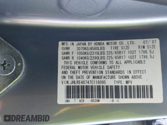 2007 Honda CR-V EX-L with VIN JHLRE48747C118095, listed as a IAAI auction lot 42136953 with 271,328 mi miles and . Bid and sale history available at carsss.com. Image 9.