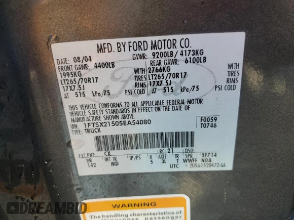 2005 Ford F-250 XL with VIN 1FTSX21505EA54080, listed as a Copart auction lot 70567804 with 283,955 mi miles and Salvage Title. Bid and sale history available at DreamBid. Image 13.