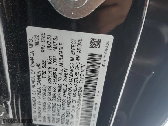 2022 Honda CR-V EX-L with VIN 2HKRW2H88NH667324, listed as a Copart auction lot 46269295 with 34,855 mi miles and Salvage Title. Bid and sale history available at carsss.com. Image 14.