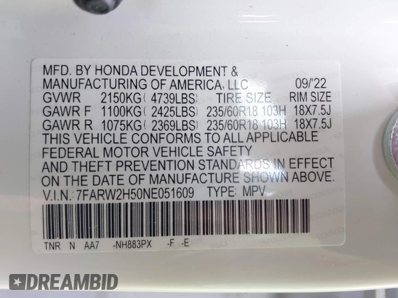 2022 Honda CR-V EX z VIN 7FARW2H50NE051609, wystawiony jako IAAI lot #42085067 z przebiegiem 29 316 mil mil oraz . Historia ofert i sprzedaży dostępna na DreamBid. Obrazek 9.
