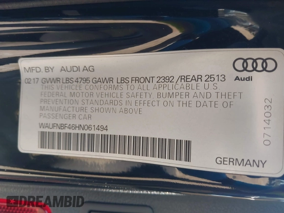 2017 Audi A4 z VIN WAUFNBF46HN061494, wystawiony jako IAAI lot #41902356 z przebiegiem 78 735 mil mil oraz . Historia ofert i sprzedaży dostępna na DreamBid. Obrazek 9.