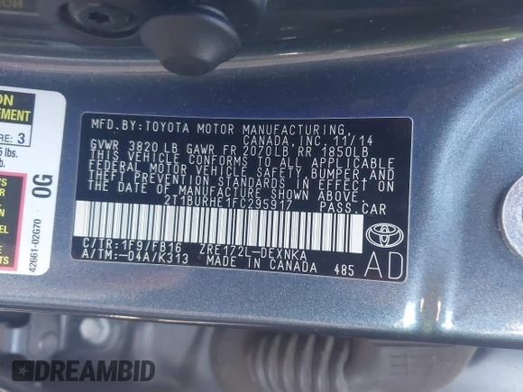 2015 Toyota Corolla L with VIN 2T1BURHE1FC295917, listed as a IAAI auction lot 41869602 with 99,773 mi miles and . Bid and sale history available at DreamBid. Image 9.