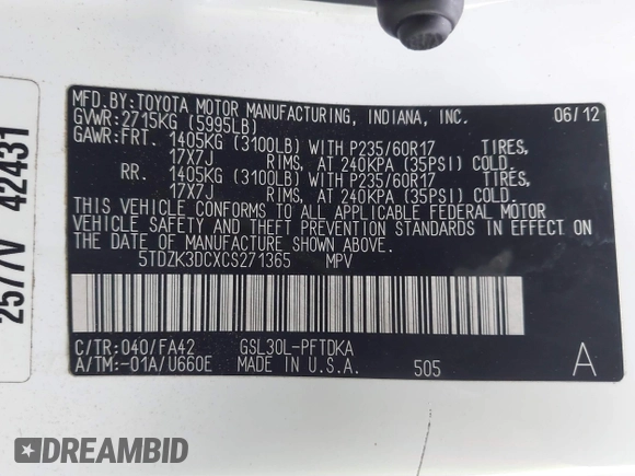 2012 Toyota Sienna with VIN 5TDZK3DCXCS271365, listed as a IAAI auction lot 38121628 with 101,756 mi miles and . Bid and sale history available at DreamBid. Image 9.