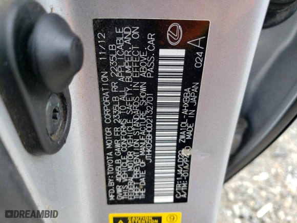 2013 Lexus CT 200h Hybrid with VIN JTHKD5BH0D2132701, listed as a Copart auction lot 47837635 with 163475 miles and Salvage Title. Bid and sale history available at carsss.com. Image 12.