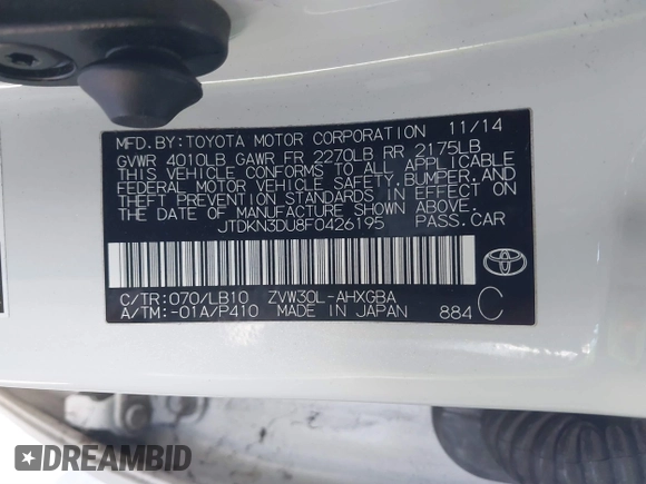 2015 Toyota Prius Four with VIN JTDKN3DU8F0426195, listed as a IAAI auction lot 41529611 with 137,377 mi miles. Bid and sale history available at carsss.com. Image 9.